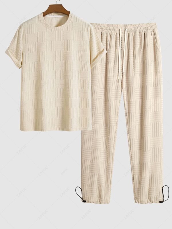 Men's Jacquard Towel Cloth Textured Short Sleeves T-shirt And Toggle Drawstring Geometric Jogger Sweatpants Set - Light Coffee