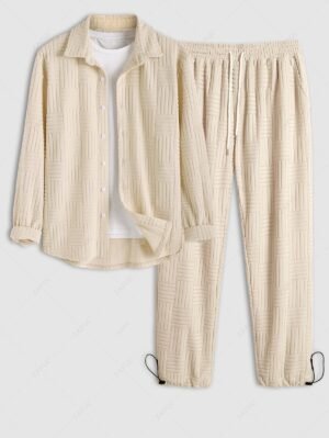 Men's Solid Color Casual Terry Cloth Toweling Jacquard Textured Button Up Long Sleeve Shirt And Toggle Drawstring Geometric Jogger Sweatpants Set - Light Coffee