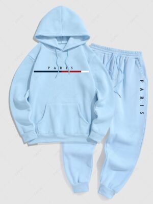 Alternative view of Men's PARIS Letter Pattern Fuzzy Fleece-lined Kangaroo Pocket Design Pullover Hoodie And Drawstring Jogger Sweat Pants Set - Light Blue