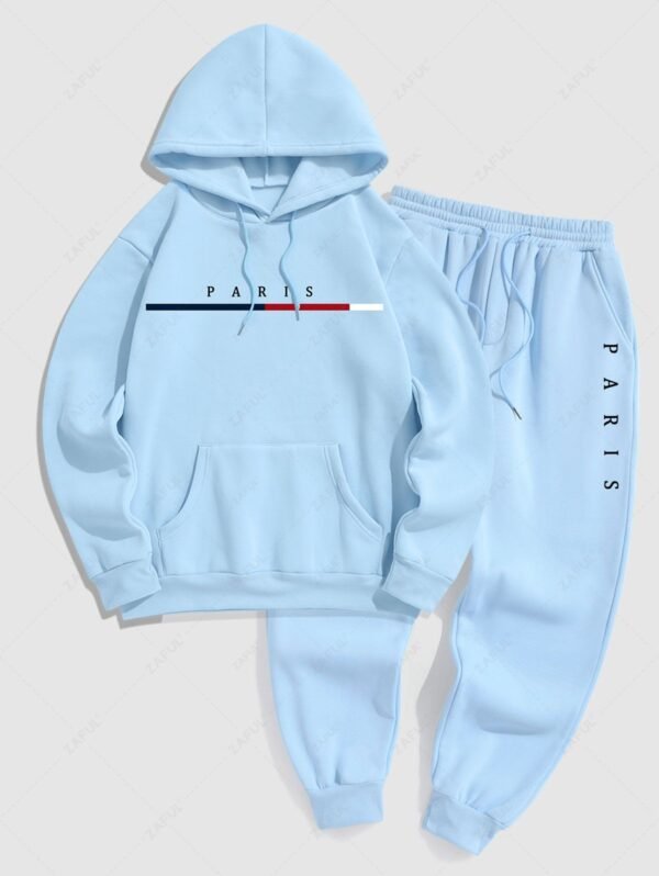 Men's PARIS Letter Pattern Fuzzy Fleece-lined Kangaroo Pocket Design Pullover Hoodie And Drawstring Jogger Sweat Pants Set - Light Blue