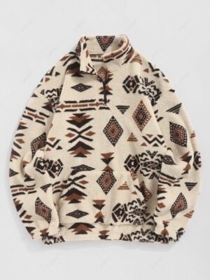 Alternative view of ZAFUL Faux Sherpa Tribal Ethnic Print Quarter Zip Teddy Sweatshirt - Light Coffee M