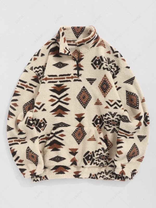 ZAFUL Faux Sherpa Tribal Ethnic Print Quarter Zip Teddy Sweatshirt - Light Coffee M