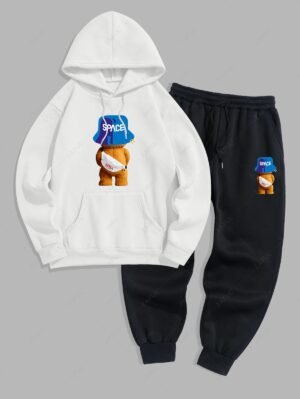 Alternative view of Men's Cartoon Bear SPACE Graphic Pattern Thermal Fleece-lined Kangaroo Pocket Pullover Hoodie And Drawstring Jogger Pants Sports Set - White 2xl