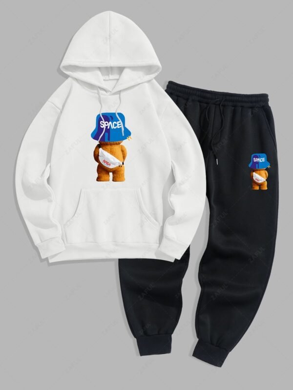 Men's Cartoon Bear SPACE Graphic Pattern Thermal Fleece-lined Kangaroo Pocket Pullover Hoodie And Drawstring Jogger Pants Sports Set - White 2xl - Image 2