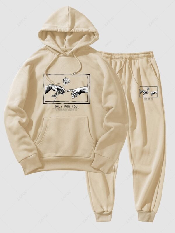 Men's Matching Co Ord Sweatsuit Letter Floral Rose Gesture Graphic Printed Drawstring Front Pocket Thermal Fleece Lined Hoodie And Jogger Pants Two Piece Set - Light Coffee L - Image 2