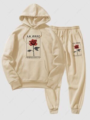 Alternative view of Men's Matching Athleisure Style Sweatsuit Co Ord Letter Floral Rose Graphic Printed Drawstring Thermal Fleece Lined Pullover Hoodie And Jogger Pants Two Piece Set - Light Coffee 2xl