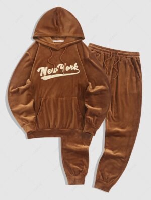 Alternative view of Men's New York Terry Embroidered Fuzzy Fleece Kangaroo Pocket Pullover Hoodie With Matching Beam Feet Drawstring Casual Jogger Pants Set - Coffee