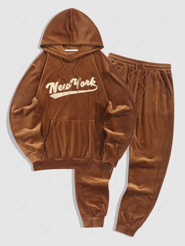 Men's New York Terry Embroidered Fuzzy Fleece Kangaroo Pocket Pullover Hoodie With Matching Beam Feet Drawstring Casual Jogger Pants Set - Coffee - Image 2