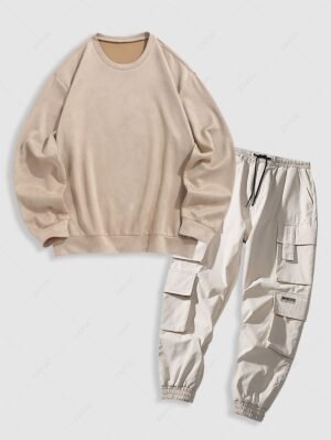Alternative view of Men's Basic Simple Style Solid Color Round Neck Faux Suede Pullover Sweatshirt And Multi Flap Pockets Drawstring Cargo Jogger Techwear Pants Set - Light Coffee