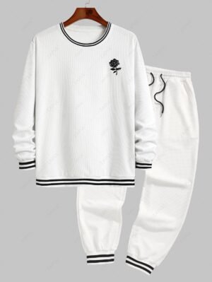 Alternative view of Men's Colorblock Round Collar Rose Embroidered Textured Pullover Long Sleeves Sweatshirt With Matching Slant Pocket Drawstring Beam Feet Casual Jogger Pants Set - White