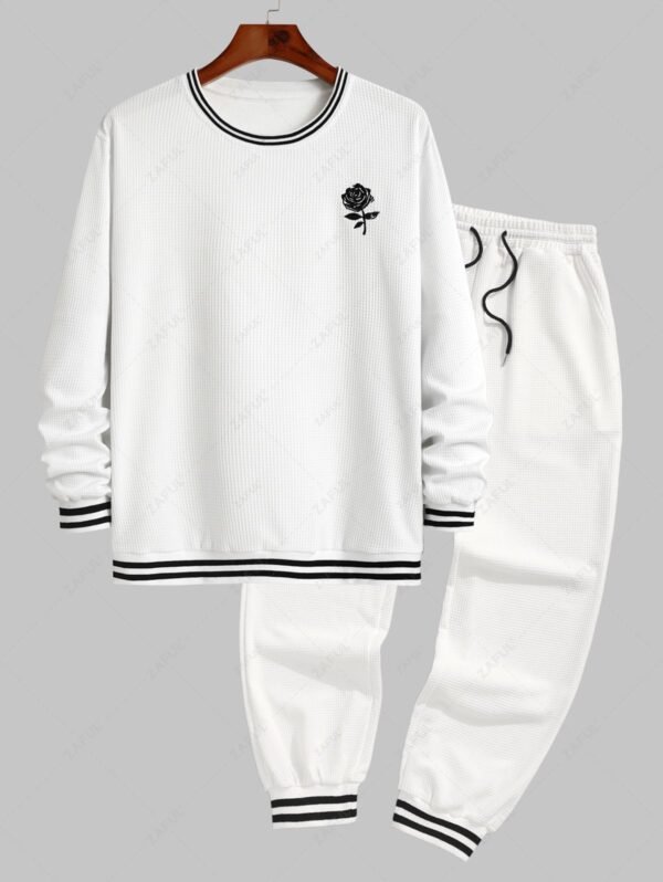 Men's Colorblock Round Collar Rose Embroidered Textured Pullover Long Sleeves Sweatshirt With Matching Slant Pocket Drawstring Beam Feet Casual Jogger Pants Set - White