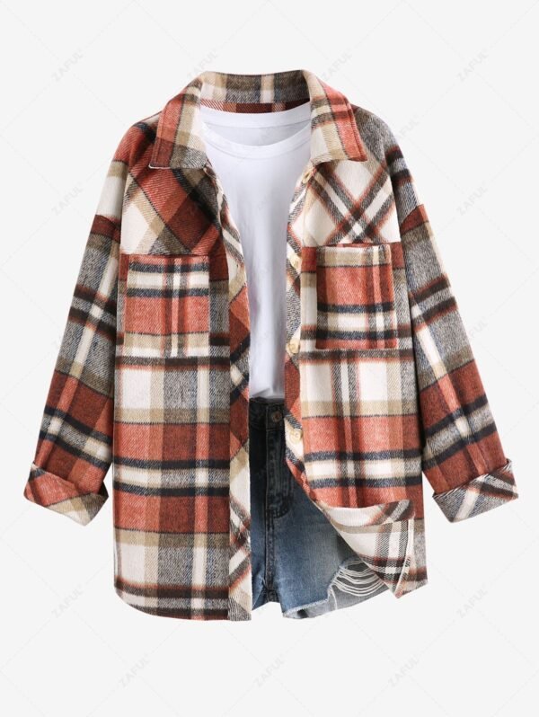 ZAFUL Women's Plaid Wool Blend Pocket Drop Shoulder Button Up Turn Down Collar Shacket - Light Coffee S - Image 2