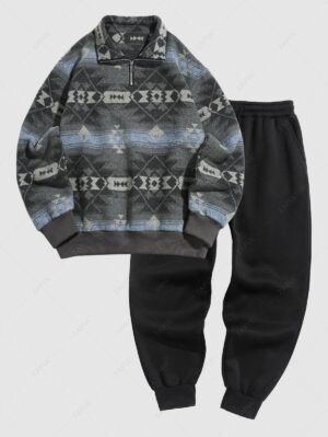 Alternative view of Men's Daily Ethnic Aztec Jacquard Half Zip Turn Down Collar Contrast Trim Pullover Sweatshirt And Solid Color Thermal Fleece-lined Casual Sweatpants Set - Light Blue