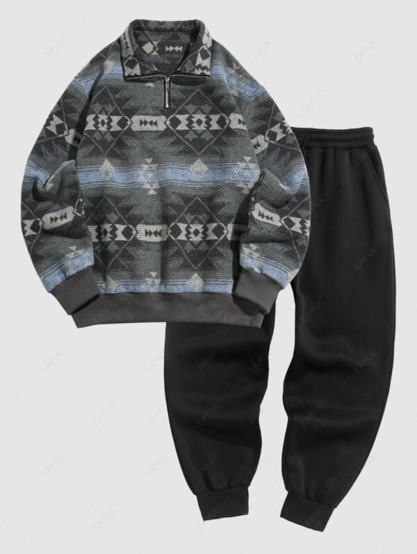 Men's Daily Ethnic Aztec Jacquard Half Zip Turn Down Collar Contrast Trim Pullover Sweatshirt And Solid Color Thermal Fleece-lined Casual Sweatpants Set - Light Blue - Image 2