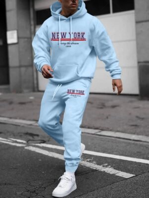 Men's Casual NEW YORK Letter Kangaroo Pocket Hoodie Drawstring Jogger Sweatpants Fleece Lined Thermal Two Piece Set Tracksuit - Light Blue 2xl