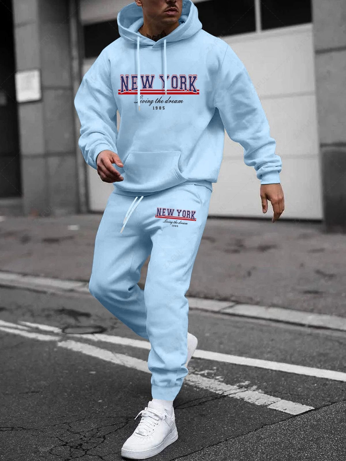 Men's Casual NEW YORK Letter Kangaroo Pocket Hoodie Drawstring Jogger Sweatpants Fleece Lined Thermal Two Piece Set Tracksuit - Light Blue 2xl