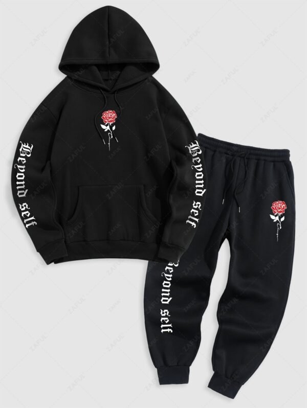 Men's Matching Co Ord Sweatsuit Letter Floral Rose Graphic Printed Drawstring Front Pocket Thermal Fleece Lined Hoodie And Beam Feet Jogger Pants Two Piece Set - Black M - Image 2