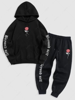 Men's Matching Co Ord Sweatsuit Letter Floral Rose Graphic Printed Drawstring Front Pocket Thermal Fleece Lined Hoodie And Beam Feet Jogger Pants Two Piece Set - Black M