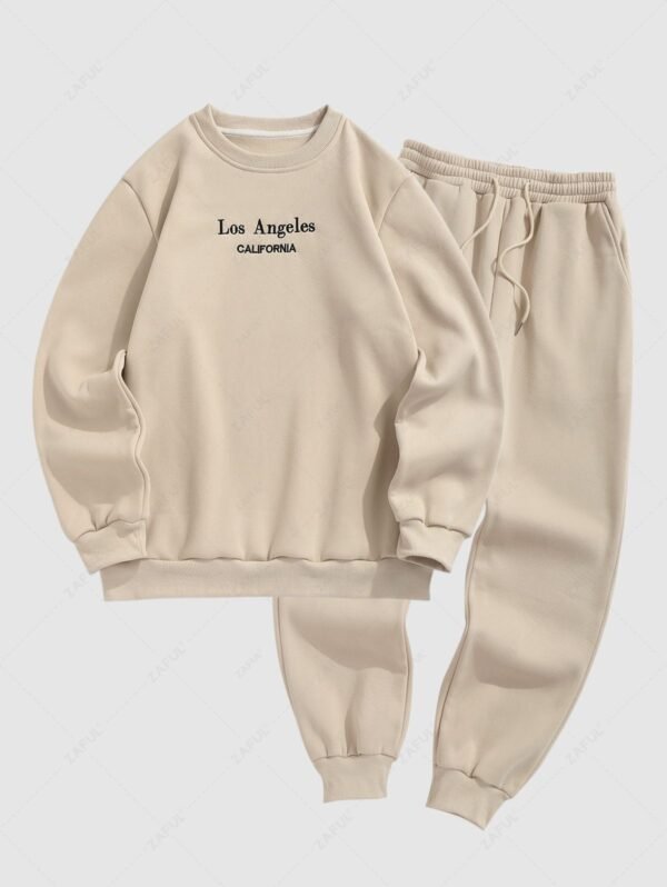 Men's Casual LOS ANGELES CALIFORNIA Embroidered Fleece-lined Crew Neck Pullover Sweatshirt And Beam Feet Drawstring Jogger Pants Set - Light Coffee - Image 2