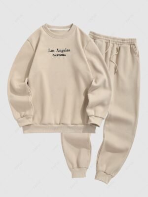 Men's Casual LOS ANGELES CALIFORNIA Embroidered Fleece-lined Crew Neck Pullover Sweatshirt And Beam Feet Drawstring Jogger Pants Set - Light Coffee