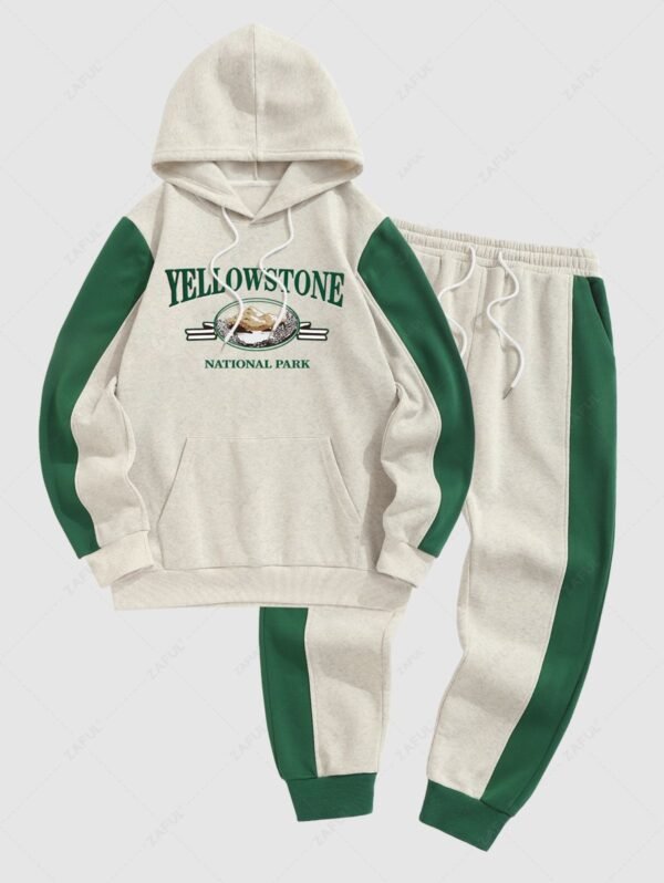 Men's YELLOWSTONE NATIONAL PARK Letter Mountain Pattern Fleece-lined Kangaroo Pocket Pullover Hoodie And Colorblock Slant Pocket Drawstring Beam Feet Jogger Pants Set - Light Gray - Image 2