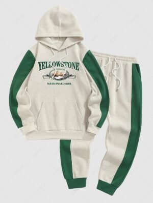 Men's YELLOWSTONE NATIONAL PARK Letter Mountain Pattern Fleece-lined Kangaroo Pocket Pullover Hoodie And Colorblock Slant Pocket Drawstring Beam Feet Jogger Pants Set - Light Gray