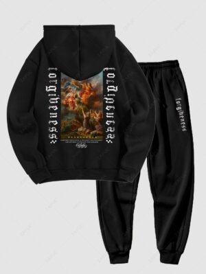 Alternative view of Men's Matching Co Ord Sweatsuit Letter Angel Graphic Printed Drawstring Front Pocket Thermal Fleece Lined Hoodie And Beam Feet Jogger Pants Two Piece Set - Black Xxl