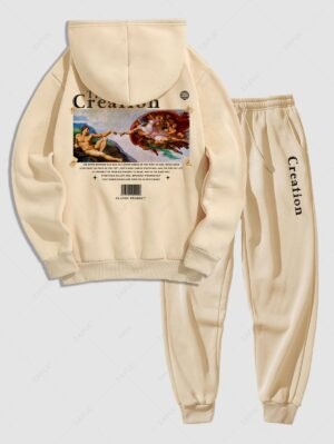 Alternative view of Men's Matching Co Ord Sweatsuit Letter Angel Gesture Graphic Printed Drawstring Front Pocket Thermal Fleece Lined Hoodie And Beam Feet Jogger Pants Two Piece Set - Light Coffee Xl
