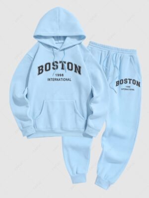 Alternative view of Men's Daily Casual Letter BOSTON Graphic Print Drawstring Front Kangaroo Pocket Thermal Fleece Lined Pullover Hoodie And Jogger Sweatpants Set - Light Blue