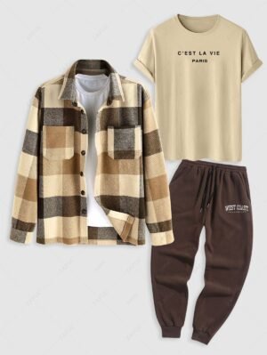 Alternative view of 3Pcs C'EST LA VIE Letter Printed Short Sleeves T-shirt And Plaid Pattern Wool Blend Shacket And Drawstring Pocket Jogger Pants Set - Light Coffee