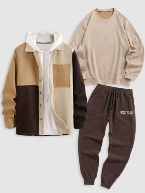 Alternative view of Men's Three Piece Winter Outfits Colorblock Front Pocket Design Woolen Jacket And Faux Suede Pullover Sweatshirt And Embroidered Polar Fleece Sweatpants Set - Coffee