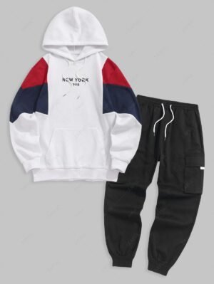 Alternative view of Men's Casual New York Embroidered Colorblock Fleece-lined Kangaroo Pocket Pullover Hoodie And Streetwear Techwear Jogger Cargo Pants Set - Multi-a