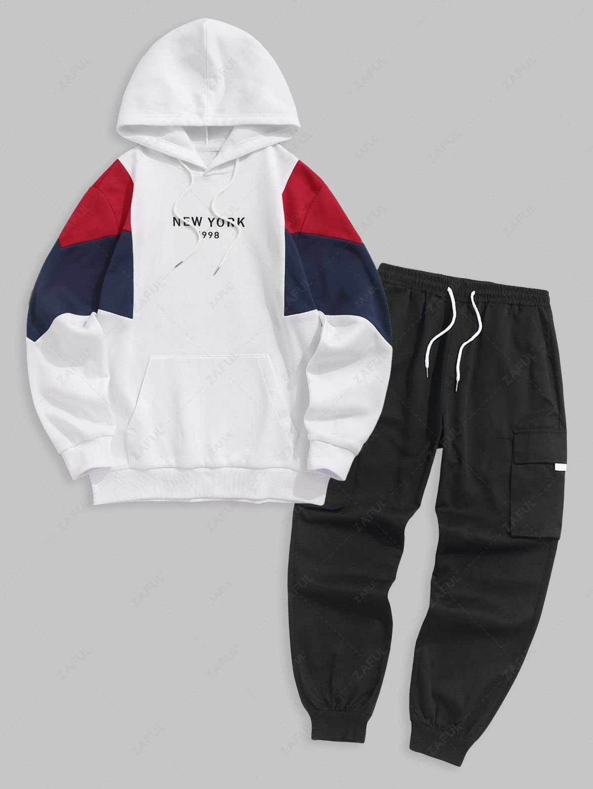 Men's Casual New York Embroidered Colorblock Fleece-lined Kangaroo Pocket Pullover Hoodie And Streetwear Techwear Jogger Cargo Pants Set - Multi-a