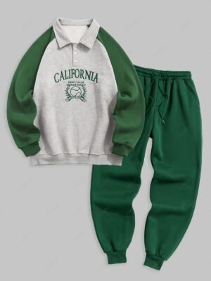 Men's Vintage Quarter Button Polo Collar CALIFORNIA Letter Baseball Graphic Embroidery Raglan Sleeves Colorblock Fleece Lined Sweatshirt And Solid Color Casual Sweatpants Set - Green