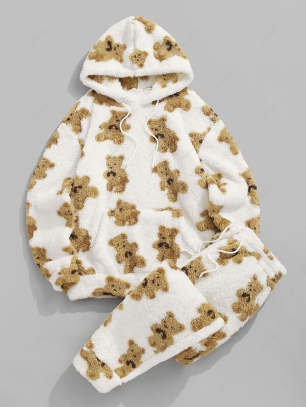 ZAFUL Men's Cartoon Bear Print Fluffy Faux Fur Teddy Hoodie Drawstring Jogger Pants Two Piece Set - White Xxl