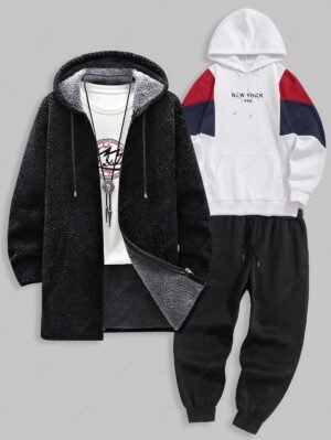 Men's Winter Outfits Fleece-lined Hooded Jacket And New York Embroidered Colorblock Fleece-lined Hoodie And Fleece-lined Sweatpants Set - Multi-a