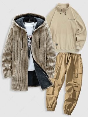 Alternative view of Men's 3Pcs Drawstring California Letter Embroidery Polar Fleece Fluffy Sweatshirt And Zip Fly Fleece-lined Long Hooded Jacket And Multi Flap Pockets Cargo Jogger Pants Set - Light Coffee