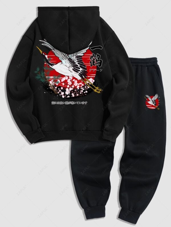 Men's Oriental Style Japanese Crane Flowers Pattern Kangaroo Pocket Pullover Hoodie And Beam Feet Drawstring Jogger Pants Set - Black L - Image 2