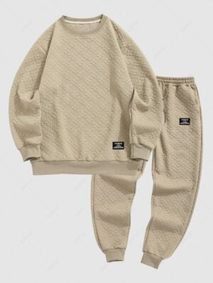 Alternative view of Men's Casual Flower Jacquard Textured Crew Neck Pullover Sweatshirt And Flowers Jacquard Slant Pockets Beam Feet Drawstring Jogger Pants Set - Coffee