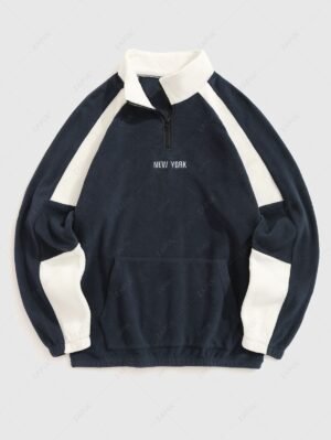 Alternative view of ZAFUL Men's Colorblock NEW YORK Embroidered Quarter Zip Kangaroo Pocket Polar Fleece Stand Collar Pullover Sweatshirt - Deep Blue L