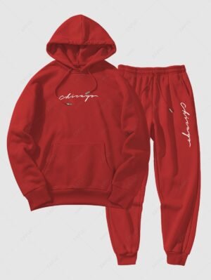 Men's Fleece Thermal Lined Casual Chicago Letter Kangaroo Pocket Basic Hoodie Drawstring Jogger Sweatpants Matching Two Piece Set - Red Xxl