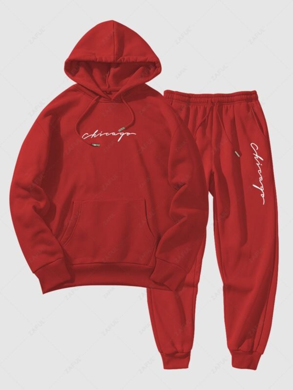 Men's Fleece Thermal Lined Casual Chicago Letter Kangaroo Pocket Basic Hoodie Drawstring Jogger Sweatpants Matching Two Piece Set - Red Xxl