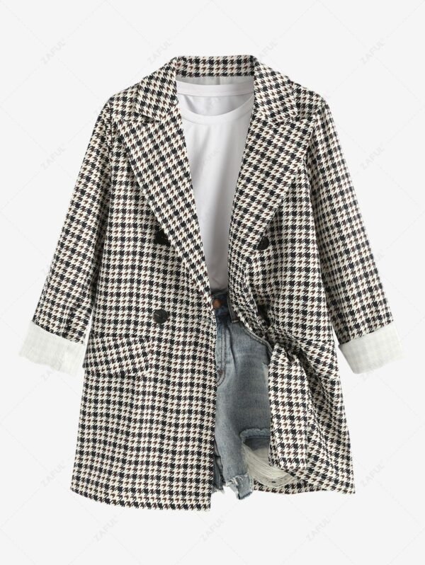 Women's Lapel Collar Mock Pocket Design Houndstooth Print Double-breasted Blazer - Multi-a L - Image 2