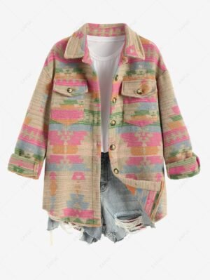 Alternative view of Women's Ethnic Western Style Aztec Tribal Geo Printed Cargo Pockets Single Breasted Wool Blend Jacket - Light Pink M