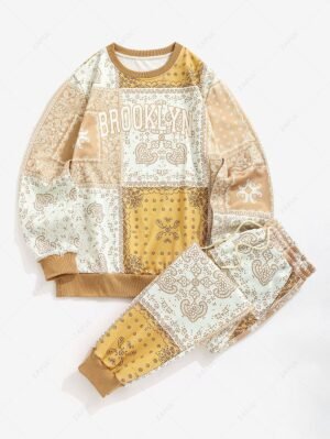 Alternative view of ZAFUL Men's BROOKLYN Ethnic Paisley Printed Crew Neck Sweatshirt And Drawstring Jogger Pants Set - Coffee S