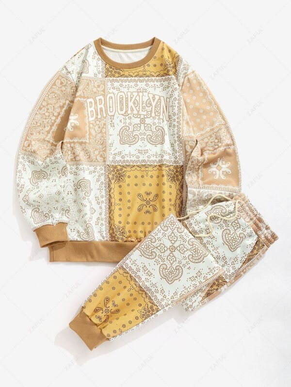 ZAFUL Men's BROOKLYN Ethnic Paisley Printed Crew Neck Sweatshirt And Drawstring Jogger Pants Set - Coffee S - Image 2