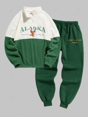 Alternative view of Men's Vintage Preppy Tracksuits Quarter Zip ALASKA Embroider Two Tone Polar Fleece Sweatshirt C'EST LA VIE PARIS Letter Fleece-lined Jogger Pants - Deep Green