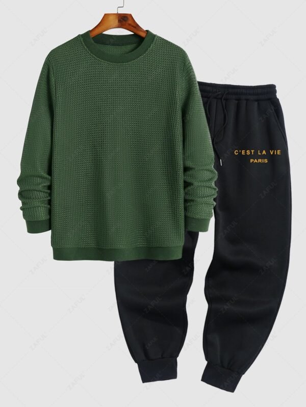 Men's Daily Casual Crew Neck Solid Color Long Sleeve Jumper Sweater And C'EST LA VIE PARIS Letter Printed Drawstring Fleece-lined Sports Jogger Pants Set - Deep Green - Image 2