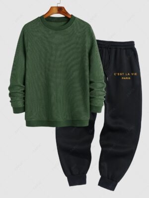 Men's Daily Casual Crew Neck Solid Color Long Sleeve Jumper Sweater And C'EST LA VIE PARIS Letter Printed Drawstring Fleece-lined Sports Jogger Pants Set - Deep Green