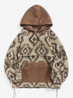 Alternative view of Women's Ethnic Style Tribal Geo Aztec Printed Quarter Zip Raglan Sleeve Front Pocket Wool Blend Loose Pullover Hoodie - Coffee L